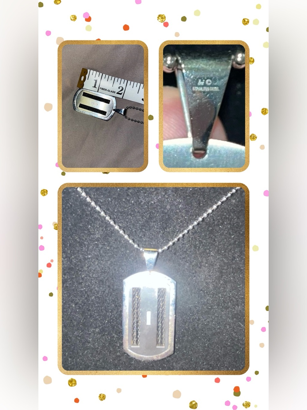 Solid Stainless Steel Silver Dog Tag Pendant + CZ Diamonds On Basic Ball Chain